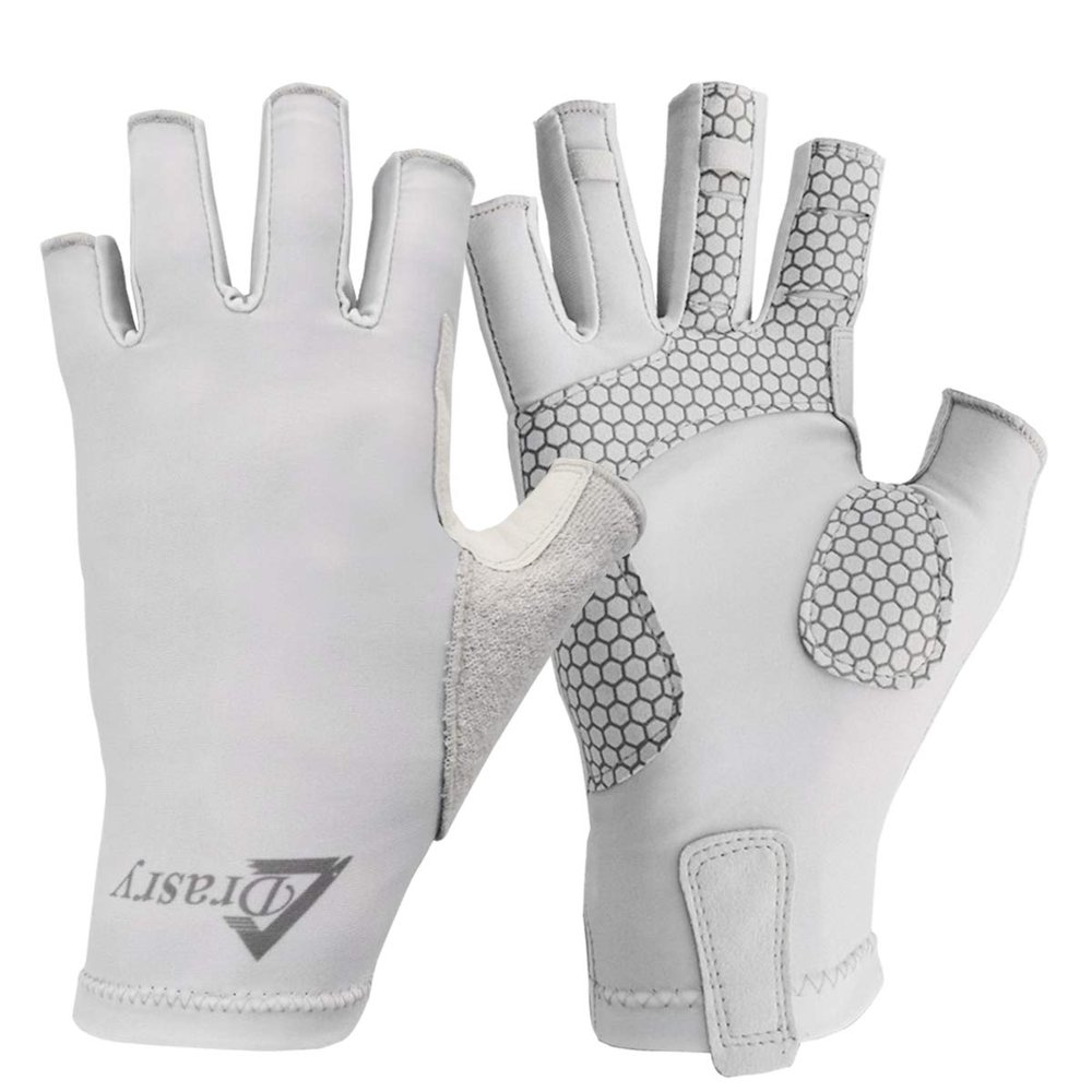 Drasry UV Protection Fishing Fingerless Gloves Men Women UPF 50+ SPF for Fishing Kayak Paddling Hiking Sailing Rowing Sun Gloves Gray L