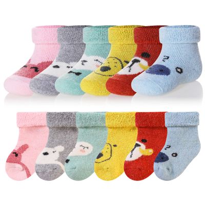 Eocom 6 Pairs Baby Boys Girls Wool Socks Infant Toddlers Kids Unisex Winter Thick Soft Warm Thermal Crew Socks(1-3 Years, Cartoon Color)