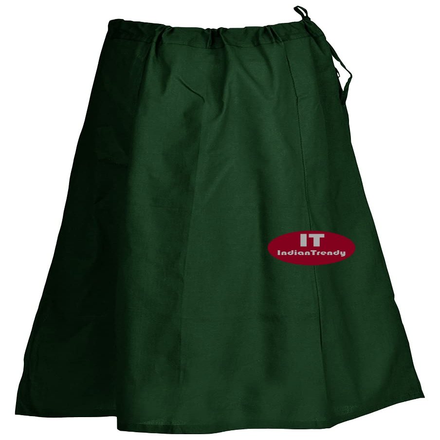 Indian Trendy Sari Petticoat Cotton Stitched Adjustable Waist Saree Underskirt Lining Skirt - One Size - Dark Green
