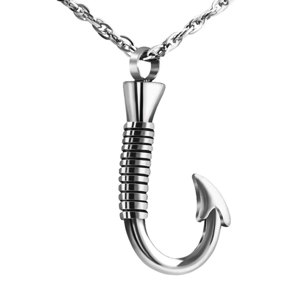abooxiu Fishing Hook Urn Necklace for Ashes Fish Hook Stainless Steel Cremation Jewelry Memorial Pendant Keepsake for Men(Silver)