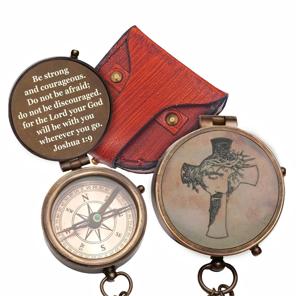 Be Strong and Courageous Brass Religious Compass Gift Confirmation Baptism Easter Christian Catholic Graduation Trekking Adventure Engraved Scripture Prayer Gift for Men Women Teenage Boys Girls
