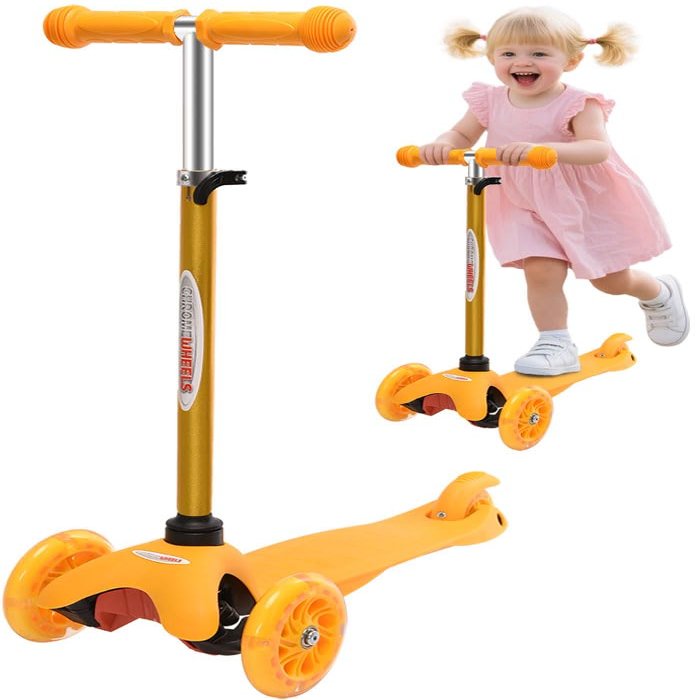 ChromeWheels Scooter for Kids, Deluxe 3 Wheel Scooter for Toddlers 4 Adjustable Height Glider with Kick Scooters, Lean to Steer with LED Flashing Light for Ages 3-6 Girls Boys, Yellow