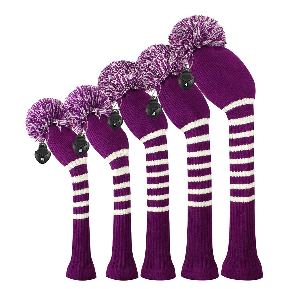 Scott Edward Purple Stripes Golf Club Covers Set of 5 Fit for Driver Wood(460cc)*1, Fairway Wood*2,and Hybrid(UT)*2, (Violet)