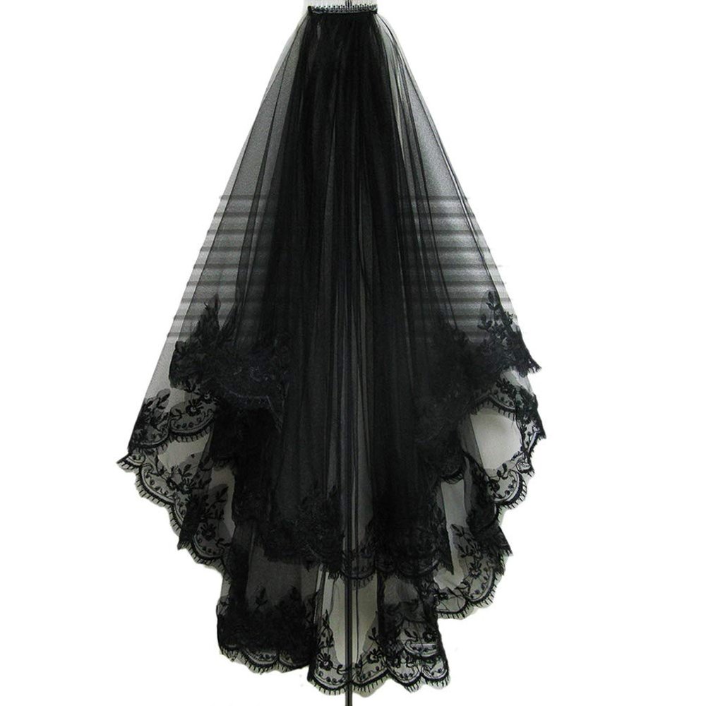 Black Lace Veil for Wedding Long Tulle Bridal Veil for Halloween Hair Accessory