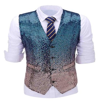 Ceehuteey Suit Vest Gradient Color Sequin Mens Evening Party Fashion Waistcoat for Wedding Groomsmen XL,Teal-Gold
