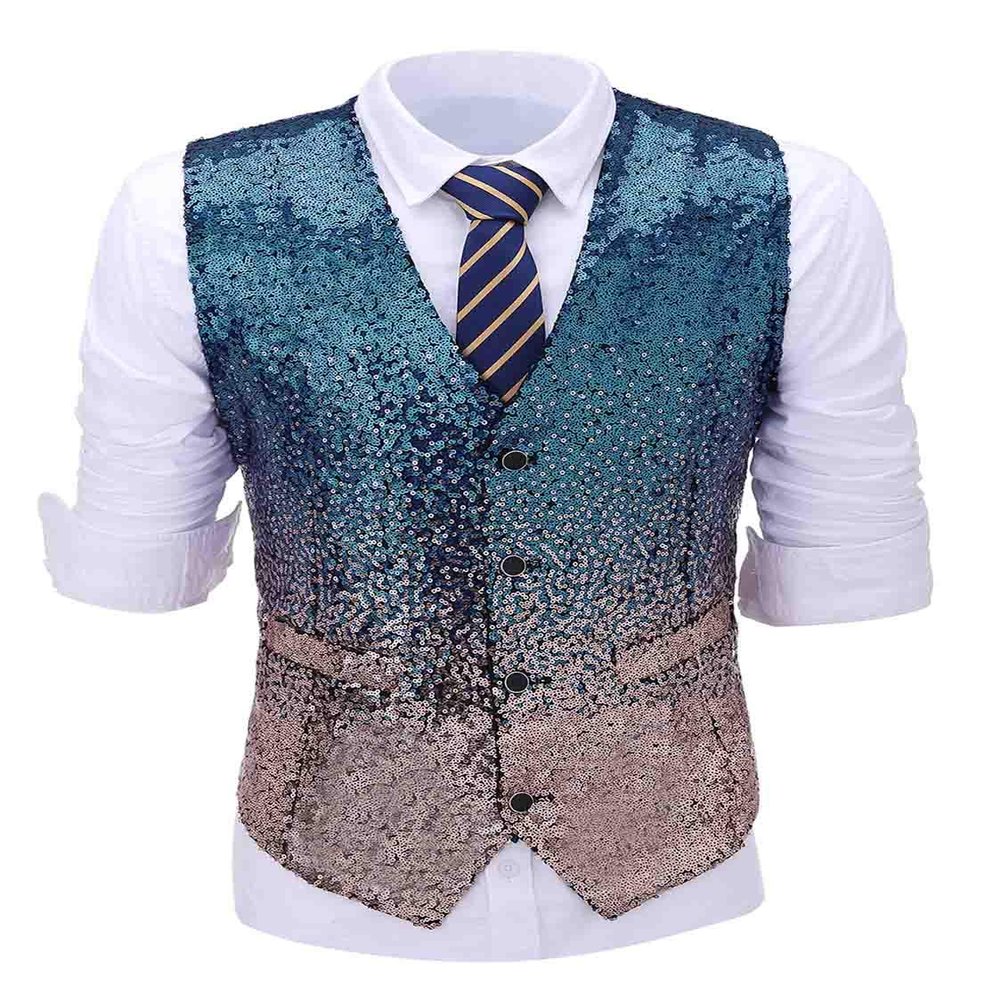 Ceehuteey Suit Vest Gradient Color Sequin Mens Evening Party Fashion Waistcoat for Wedding Groomsmen XL,Teal-Gold