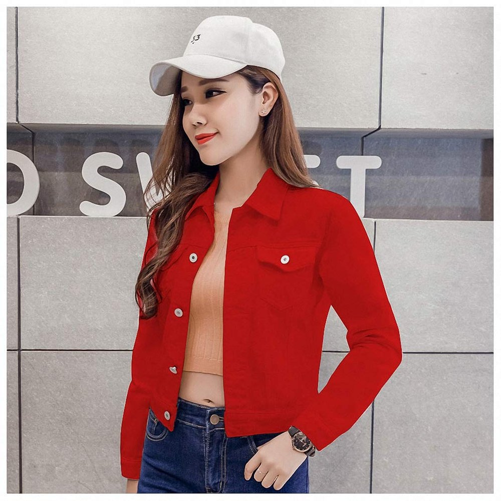 Hiuwa Spring Autumn Women Clothing Cowboy Coat Loose Long Sleeve Short Female Denim Jacket White Black Blue Pink Bomber Jacket Coats Red M