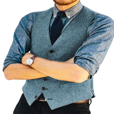 Ceehuteey Wedding Mens Vests Tweed Herringbone Slim Fit Fashion Custom Made Groom Waistcoat XXL,Light Navy