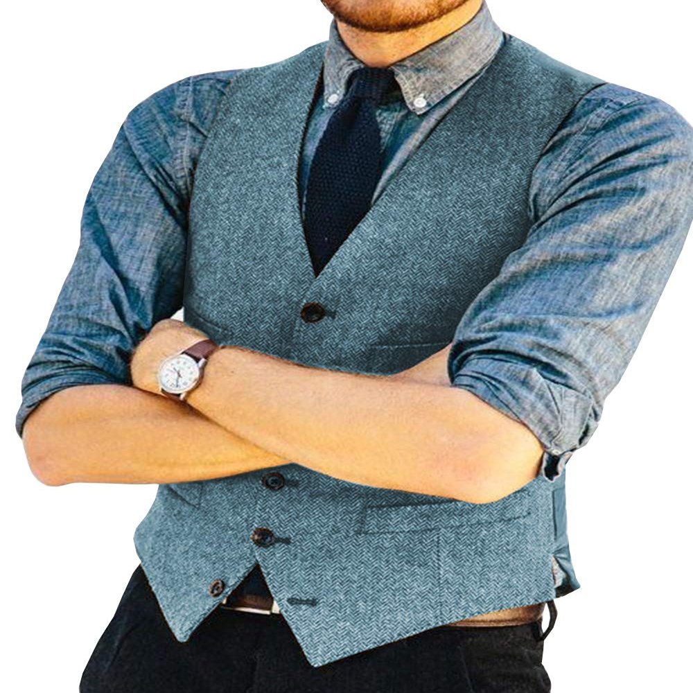 Ceehuteey Wedding Mens Vests Tweed Herringbone Slim Fit Fashion Custom Made Groom Waistcoat XXL,Light Navy
