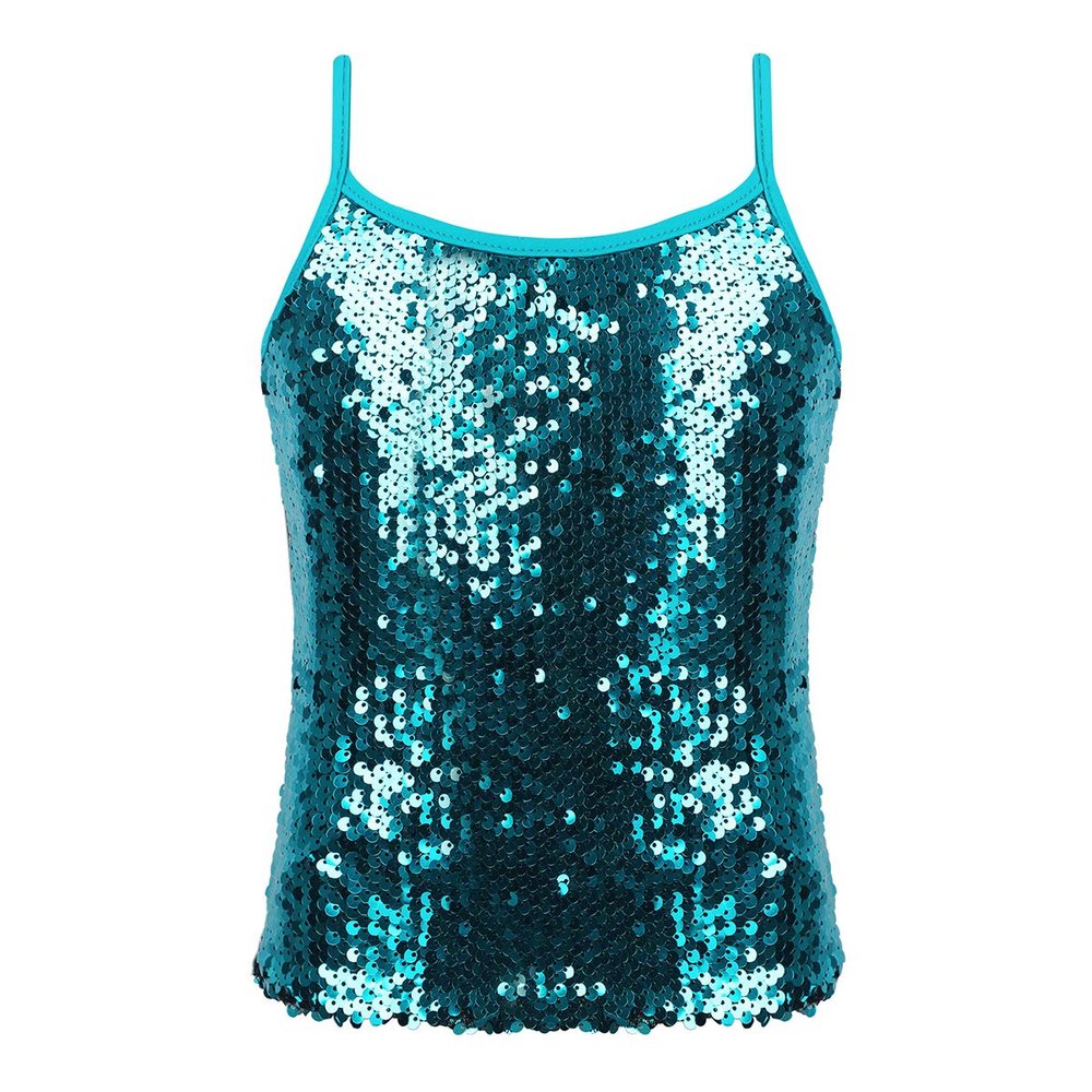winying Girls Adjustable Shoulder Straps Shiny Sequins Tank Top Camisole Party Stage Show Vest Sequined Lake_Blue 12 (XL)