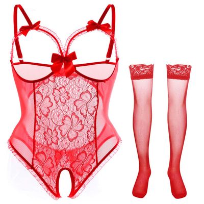 Lingerie for Women One-Piece Teddy Lingerie Sexy Bodysuit Lace Nightie S-3XL(A-Red,XL)