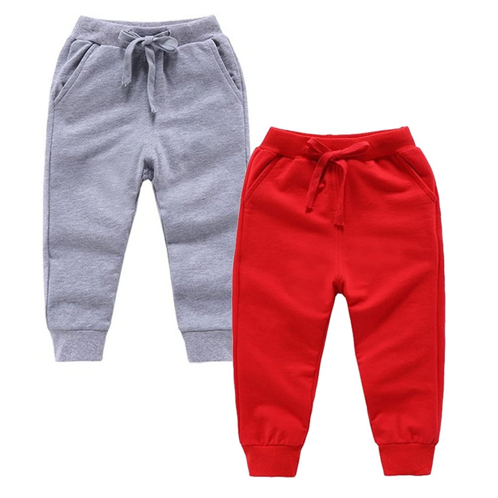 EISHOW 2-Pack Boys Sweatpants, Toddler Girls Cotton Elastic Jogger Pants Active Sports Leggings 1-12 Years Old Trousers (8-10 Years,Gray+red)