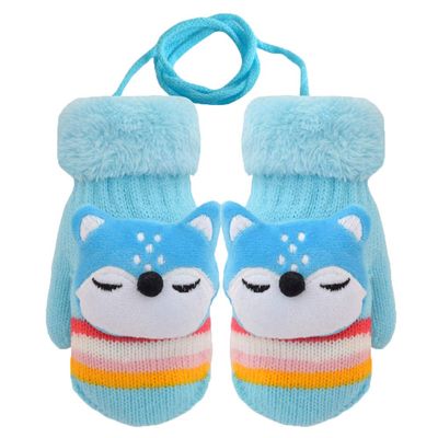 Winter Children Full Finger Knitting Wool Gloves Warm Fuzzy Lining Boys & Girls Knit Gloves Cartoon Girls Mittens (Light blue, L(for 3-6 Years Old))