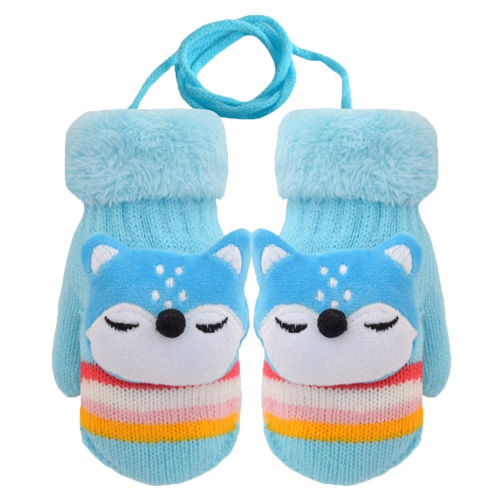 Winter Children Full Finger Knitting Wool Gloves Warm Fuzzy Lining Boys & Girls Knit Gloves Cartoon Girls Mittens (Light blue, L(for 3-6 Years Old))