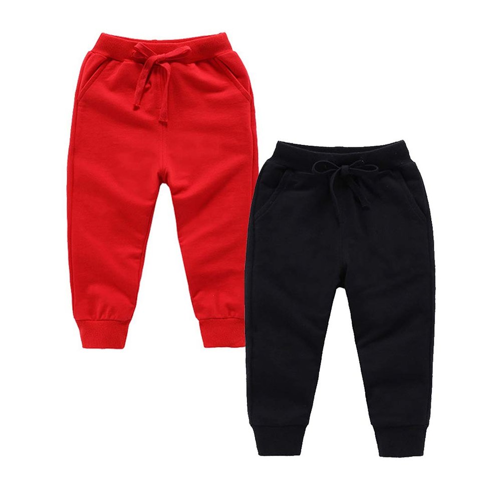 EISHOW 2-Pack Boys Sweatpants, Toddler Girls Cotton Elastic Jogger Pants Active Sports Leggings 1-12 Years Old Trousers (8-10 Years,Red+Black)