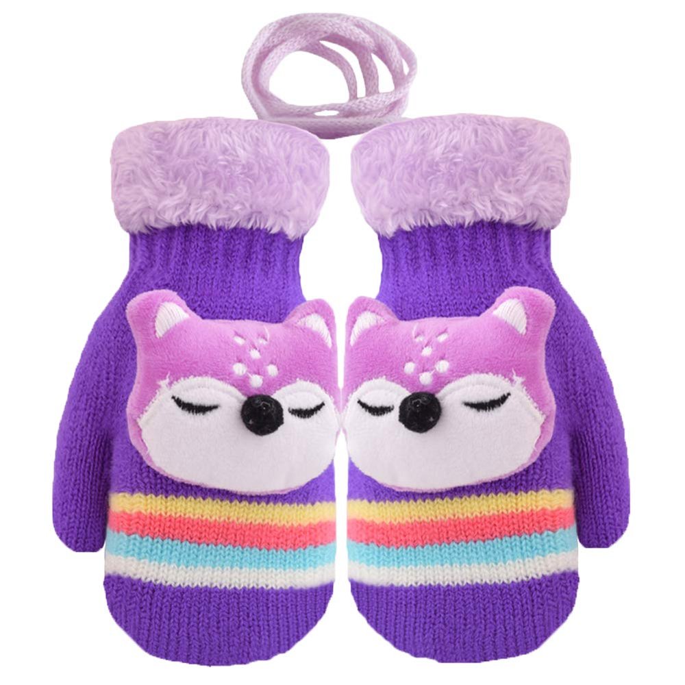Winter Children Full Finger Knitting Wool Gloves Warm Fuzzy Lining Boys & Girls Knit Gloves Cartoon Girls Mittens (Purple, S(for 1-3 Years Old))