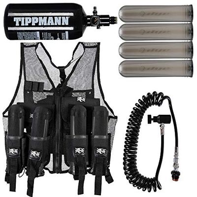 Action Village Tactical Warrior Paintball Vest - Adjustable Light Weight Version Holds 4 Pods & 1 Tank (Vest with Remote, Tippmann 48/3000 Tank & 4 Smoke Dye Pods)