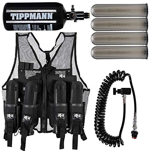 Action Village Tactical Warrior Paintball Vest - Adjustable Light Weight Version Holds 4 Pods & 1 Tank (Vest with Remote, Tippmann 48/3000 Tank & 4 Smoke Dye Pods)
