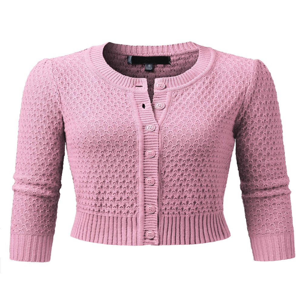 JSCEND Women's 3/4 Sleeve Crew Neck Button Down Cotton Knit Cropped Cardigan Sweater LIGHTPINK XL