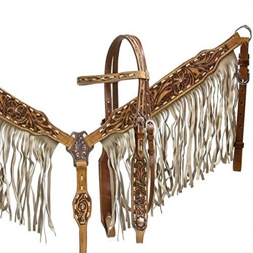 Showman Leather Headstall & Breast Collar Set w/Suede Fringe & Floral Tooling
