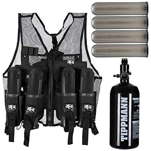 Action Village Tactical Warrior Paintball Vest - Adjustable Light Weight Version Holds 4 Pods & 1 Tank (Vest with Tippmann 48/3000 Tank & 4 Smoke Dye Pods)