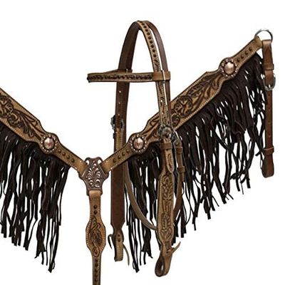 Showman Leather Headstall & Breast Collar Set w/Brown Suede Fringe & Floral Tooling
