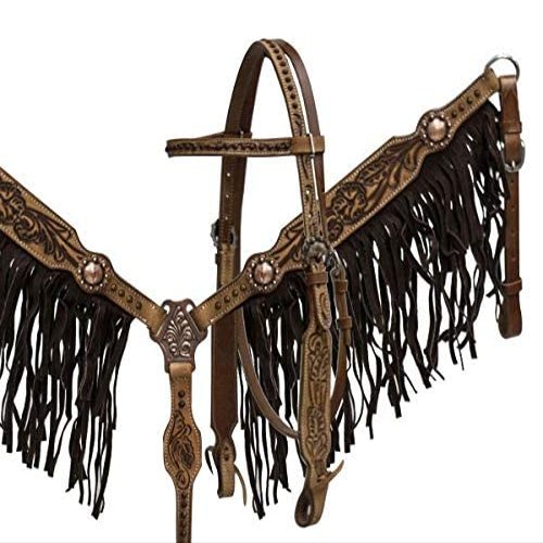 Showman Leather Headstall & Breast Collar Set w/Brown Suede Fringe & Floral Tooling