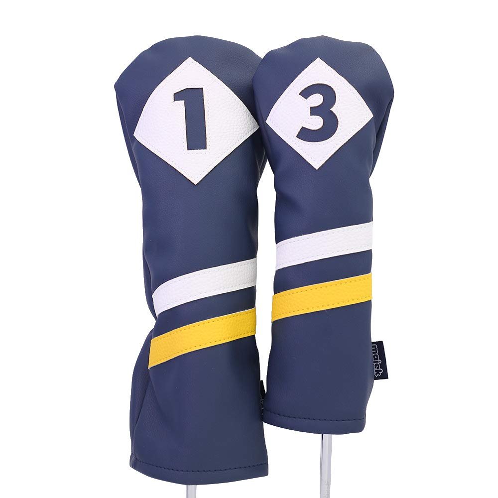 Majek Retro Golf Headcovers Blue White and Yellow Vintage Leather Style 1 & 3 Driver and Fairway Head Cover Fits 460cc Drivers Classic Look
