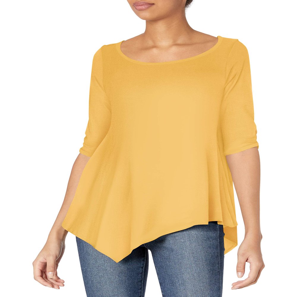 Star Vixen Women's Hanky Hem Top, Elbow Sleeve with Cinch Detail Mustard