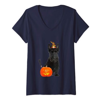 Womens Scottie Scottish Terrier Witch Hat Halloween Dog Costume V-Neck T-Shirt