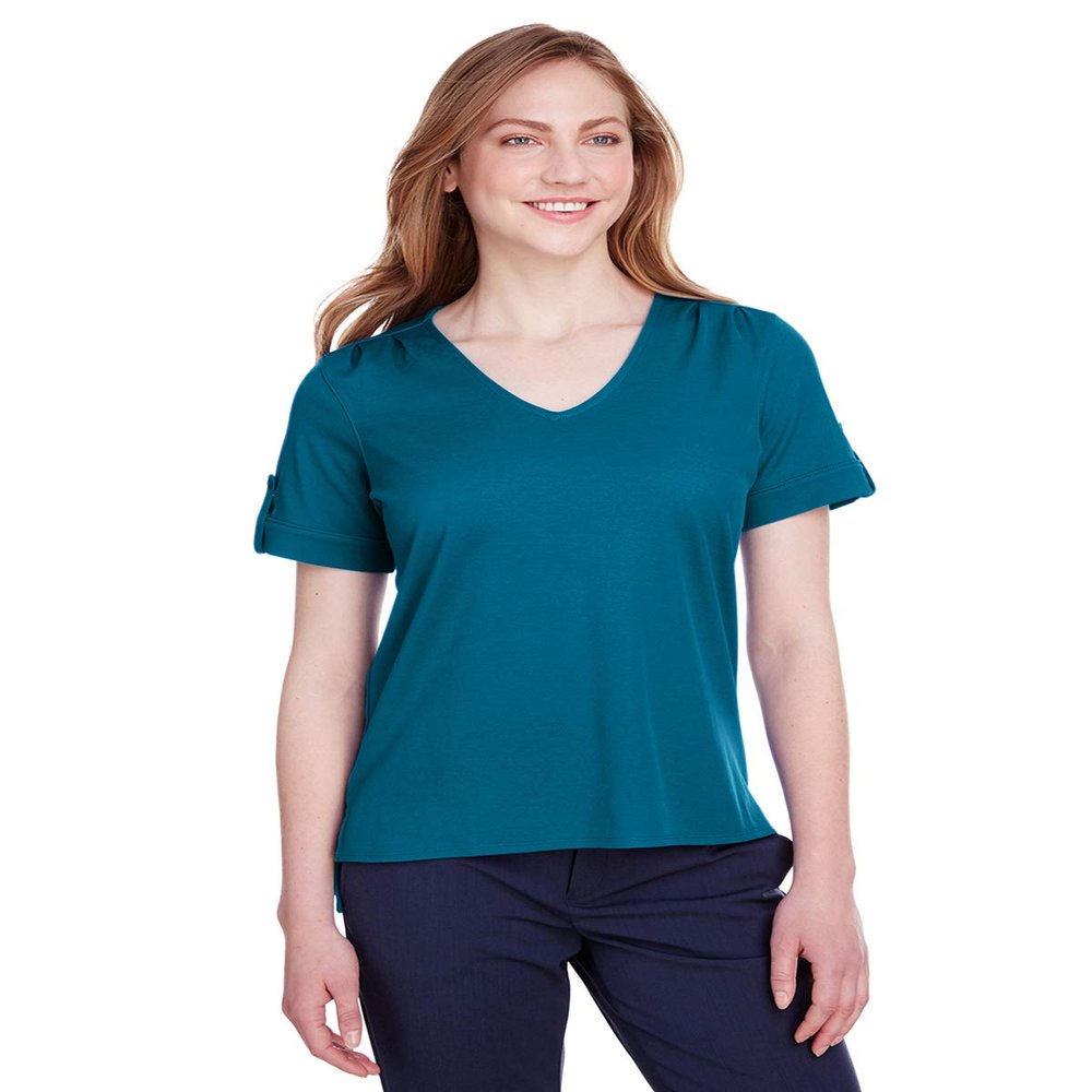 Devon & Jones Ladies' CrownLux Performance Plaited Rolled-Sleeve Top M DARK TEAL