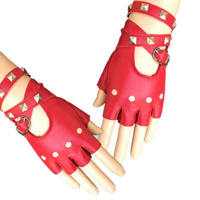 JNKET Women's PU Leather Punk Rivets Fingerless Gloves for Dancing Driving and Stage Show (Red)