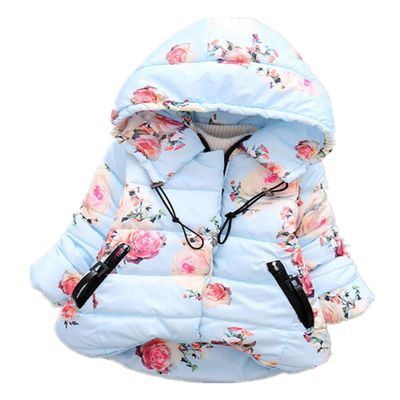 Baby Girls Hooded Snowsuit Winter Warm Flower Hooded Down Windproof Jacket Outerwear (Blue, 1-2 Years)