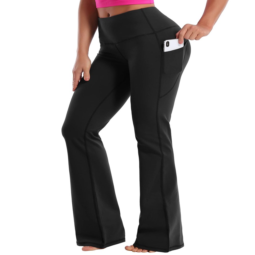 BUBBLELIME Women Side Pockets Yoga Bootlegs Black L_35" Inseam