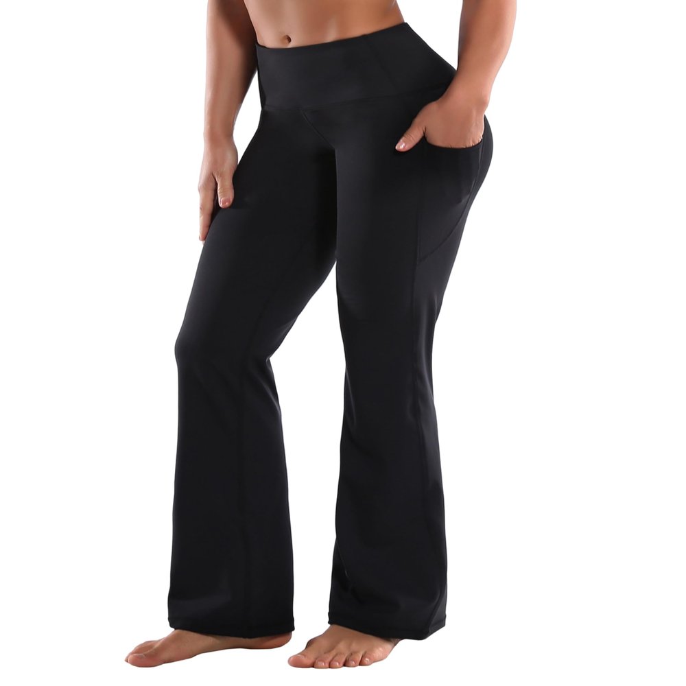 BUBBLELIME 29"/31"/33"/35"/37" High Waist Yoga Pants Tummy Control for Womens Bootcut Workout Flared Basic/Out Pockets -JetBlack XL-33 Inseam