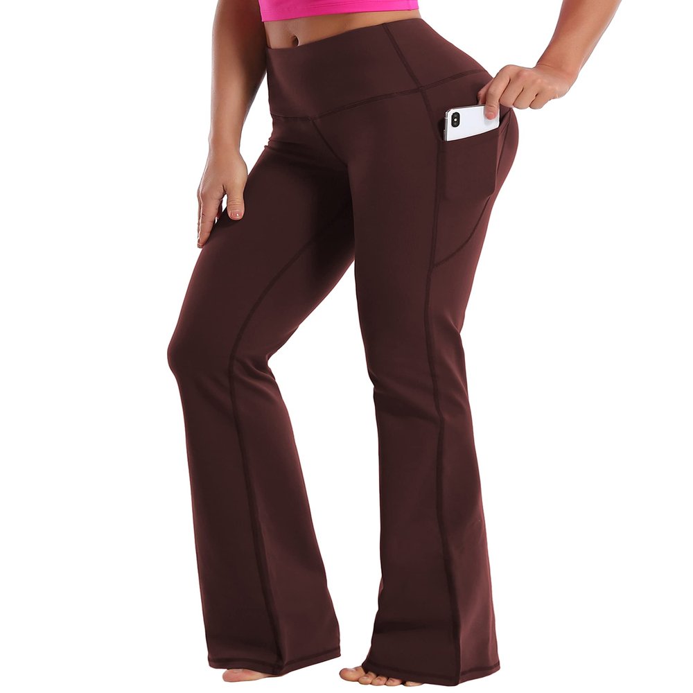 BUBBLELIME 29"/31"/33"/35"/37" Women High Waist Bootlegs Yoga Pants Tummy Control Bootcut Workout Flared Out Pockets -MAHOGANYMAROON Small_33" Inseam