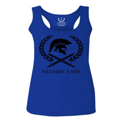 0143. Spartan Molon Labe Military Patriotic Greek Helment Graphic Women's Tank Top Racerback (Royal Medium)