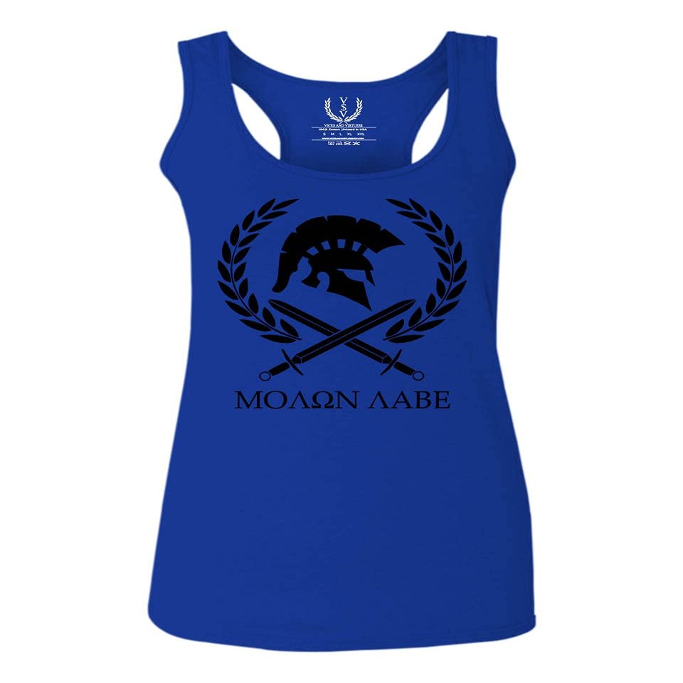 0143. Spartan Molon Labe Military Patriotic Greek Helment Graphic Women's Tank Top Racerback (Royal Medium)