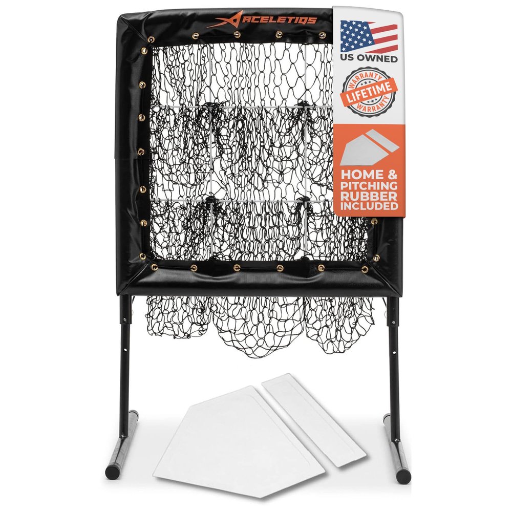 Pitching Net with Strike Zone | Baseball Pitching Trainer | Pitching Aid Net Softball with Strike Zone | Adjustable Height and Portable | Beisbol [Pitching Rubber and Home Base Included]