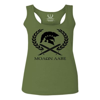 0143. Spartan Molon Labe Military Patriotic Greek Helment Graphic Women's Tank Top Racerback (Olive, X Small)