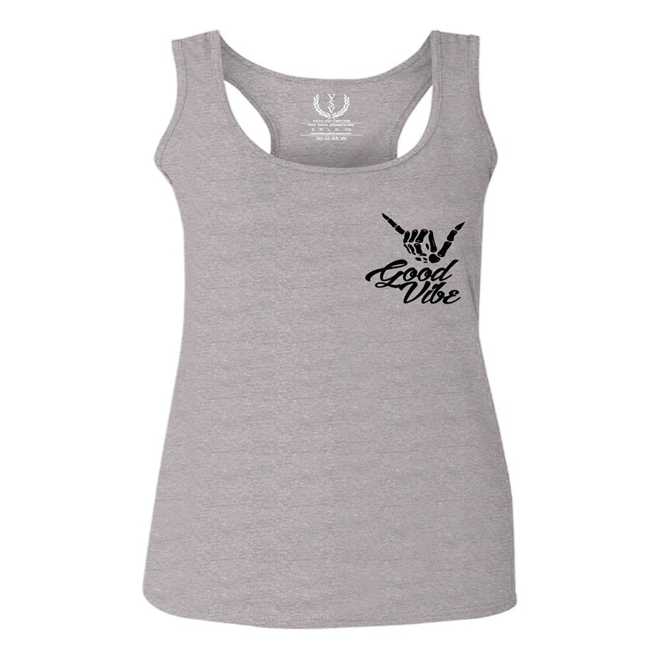 0115. Skeleton Shaka Good Vibes Graphic Vintage Surf Bones Hand Women's Tank Top Racerback (Light Gray X Small)