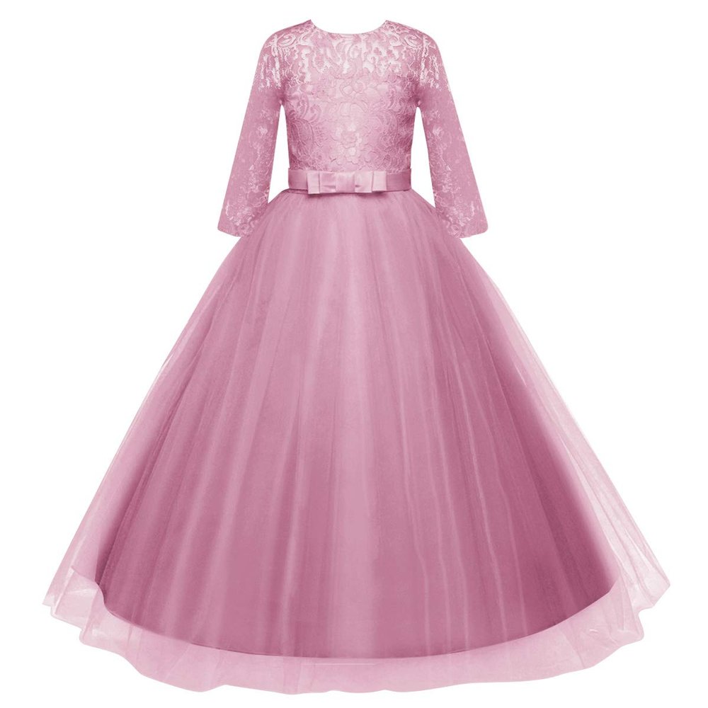 Big Girl Lace Flower Tutu Dress Princess Pageant Birthday Wedding Party Junior Bridesmaid First Communion Dresses for Girls 7-16 Evening Gowns Purplish Pink 11-12 Years #1 Purplish Pink 11-12 Years