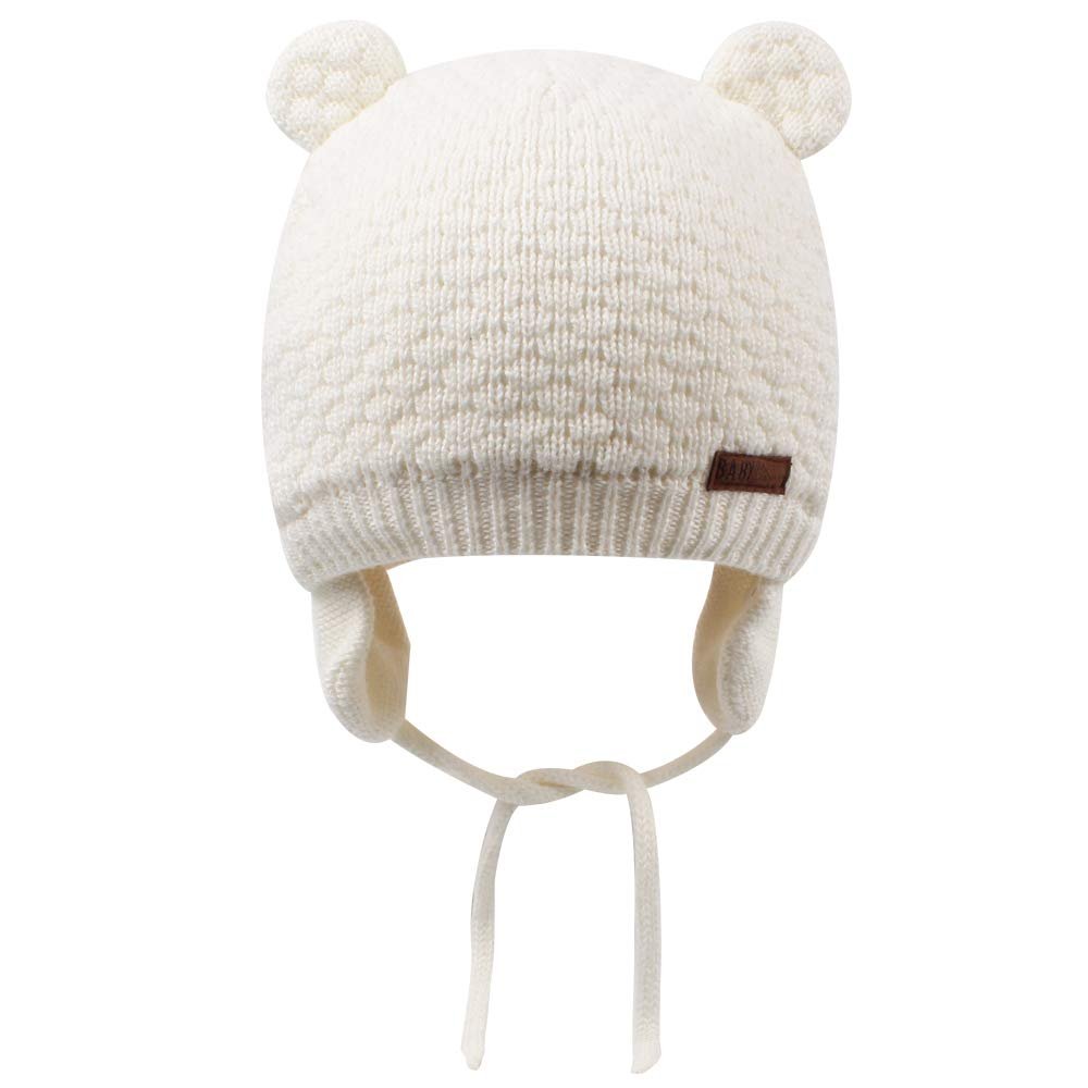 BAVST Baby Toddler Winter Beanie Warm Boys Girls Earflap Hat Infant Knit Caps Cute Bear Soft Cotton Lining for 0-36M (White, M(6-12M))