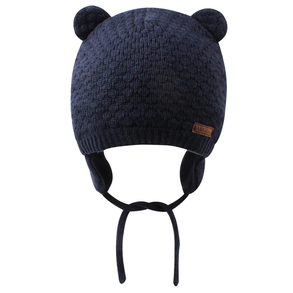 BAVST Baby Toddler Winter Beanie Warm Boys Girls Earflap Hat Infant Knit Caps Cute Bear Soft Cotton Lining for 0-36M (Navy, M(6-12M))