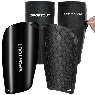 Sportout Soccer Shin Guards - Shin Guards Soccer Kids Youth Adult Protective Shin Pads with Sleeves and Insert Pocket for Boys Girls for Age 4-6, 6-8, 8-10,10-12,12-14,14-Adult (Black-1, M)