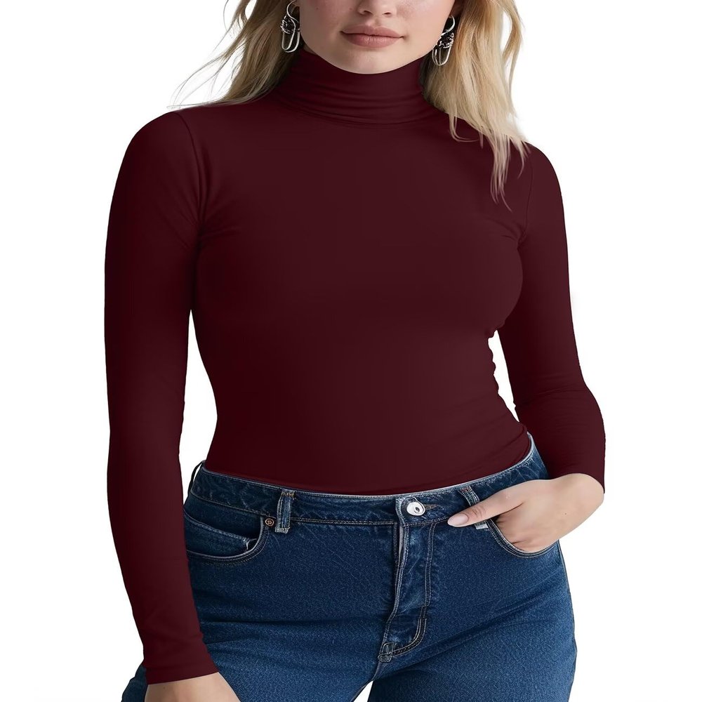 Zengjo Turtleneck Women Long Sleeve Lightweight Base Layer Top(Maroon,XL)