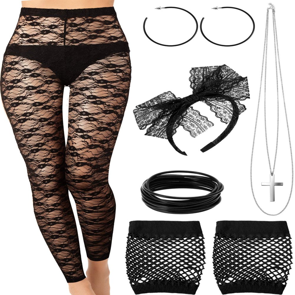 80s Costume Set, Earring Necklace, Gloves, Lace Legging, Bracelet for Party (XL)