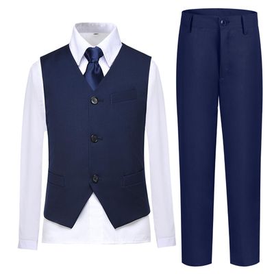 Kids Tuxedo Set 4 Pieces Formal Navy Blue Suits for Kids with Tie for Baby Boy Size 5