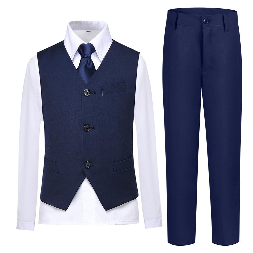 Kids Tuxedo Set 4 Pieces Formal Navy Blue Suits for Kids with Tie for Baby Boy Size 5