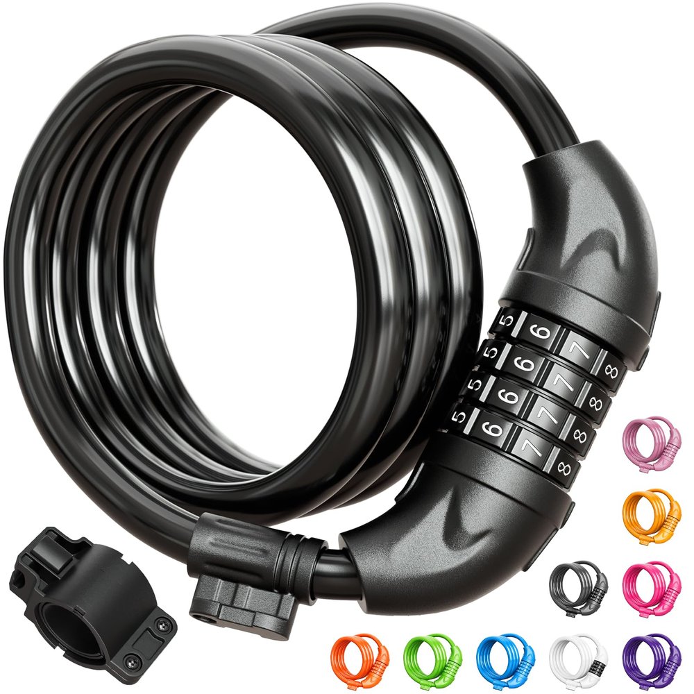 Titanker Bike Lock, Bicycle Lock 4 Feet Cable Lock 1/2 Inch Resettable Bike Locks Combination with Mounting Bracket, Bike Accessories for Bicycle, Electric Scooter, Motorcycle, Black